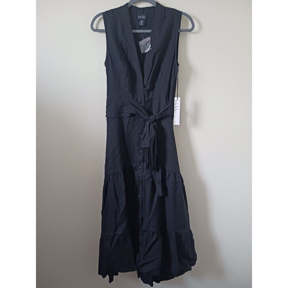Nicole Miller Linen Blend Maxi Dress Belted Sleeveless Black XS Missing Snap